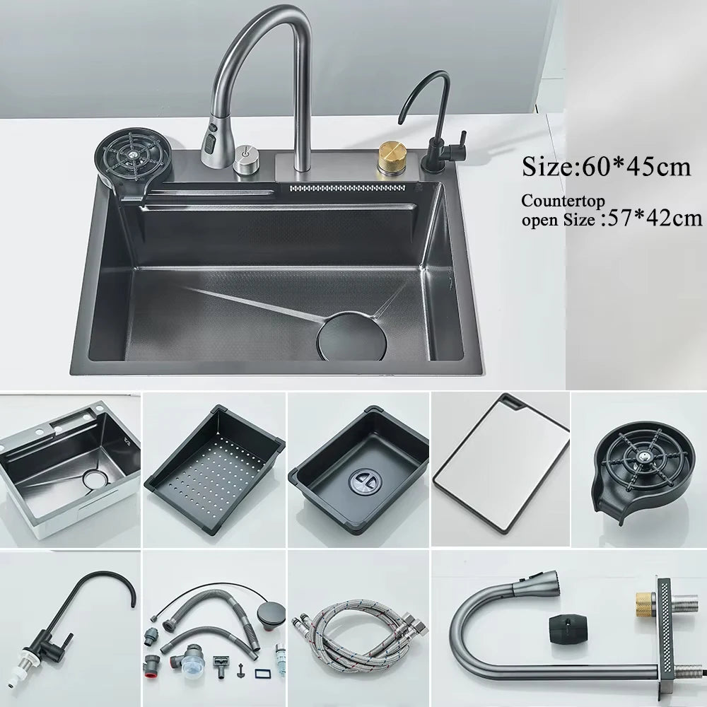 Stainless Steel Waterfall Kitchen Faucet Set With Digital Display
