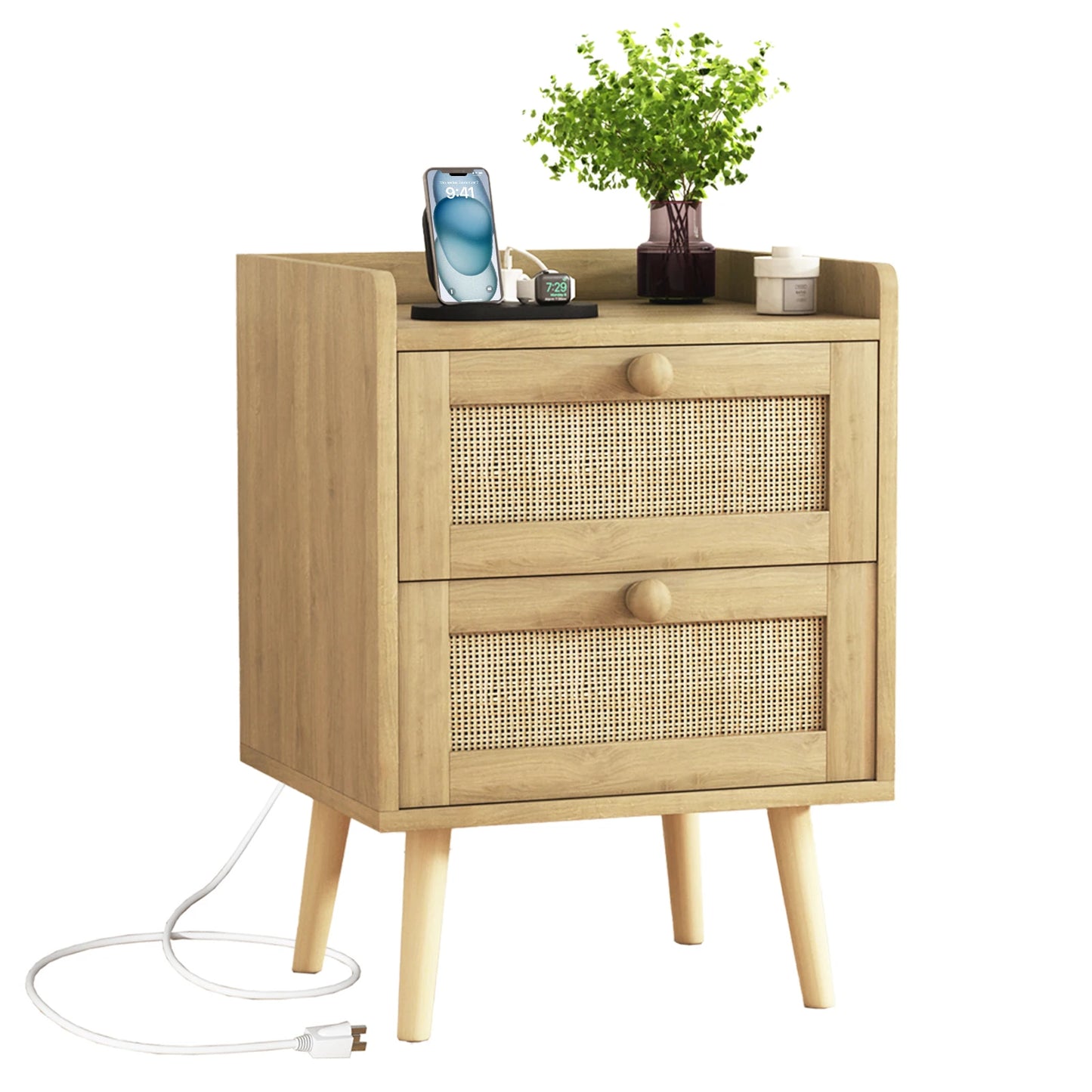 Rattan Nightstand With Charging Station And Two Drawers