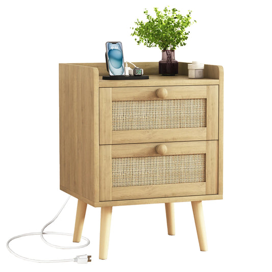 Rattan Nightstand With Charging Station And Two Drawers