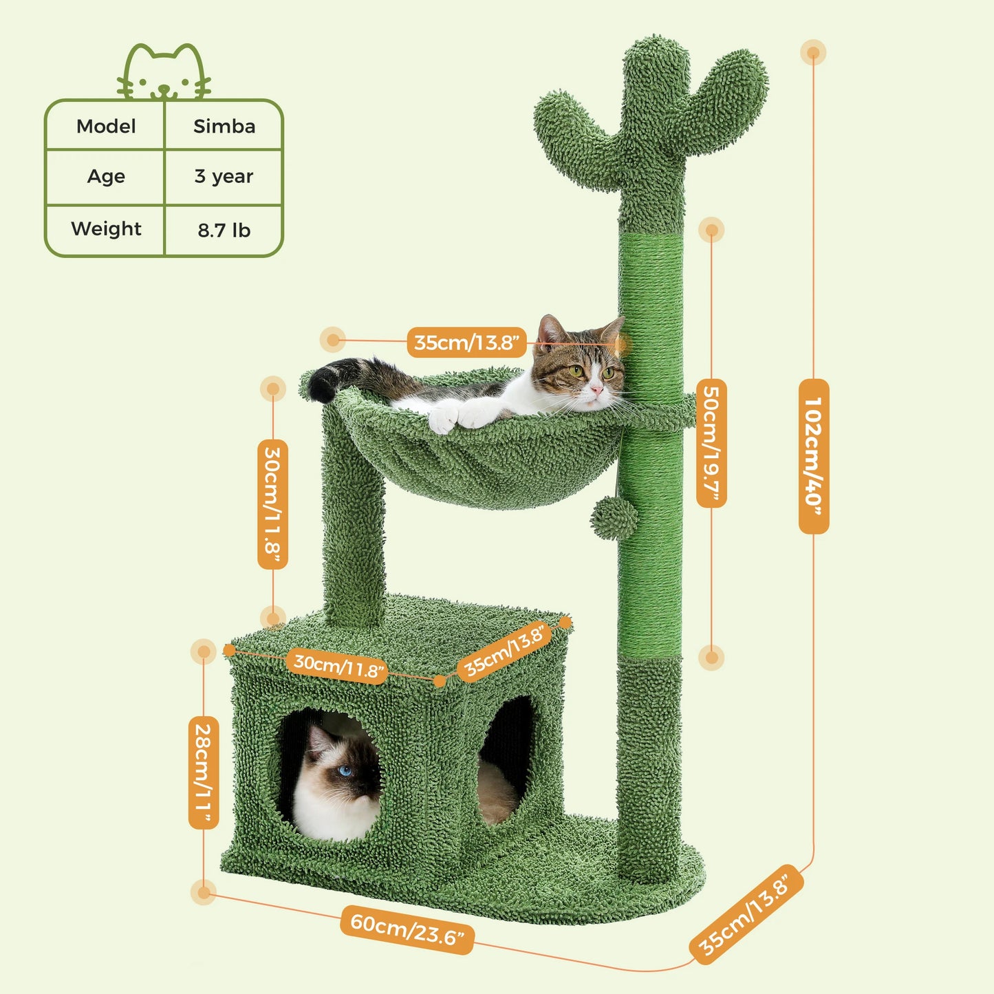 PEQULTICN Cactus Cat Tree With Large Condo Hammock And Dangling Ball Toy