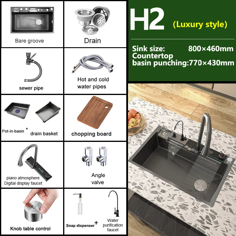 Telisiya Waterfall Stainless Steel Kitchen Sink Four Hole Above Counter