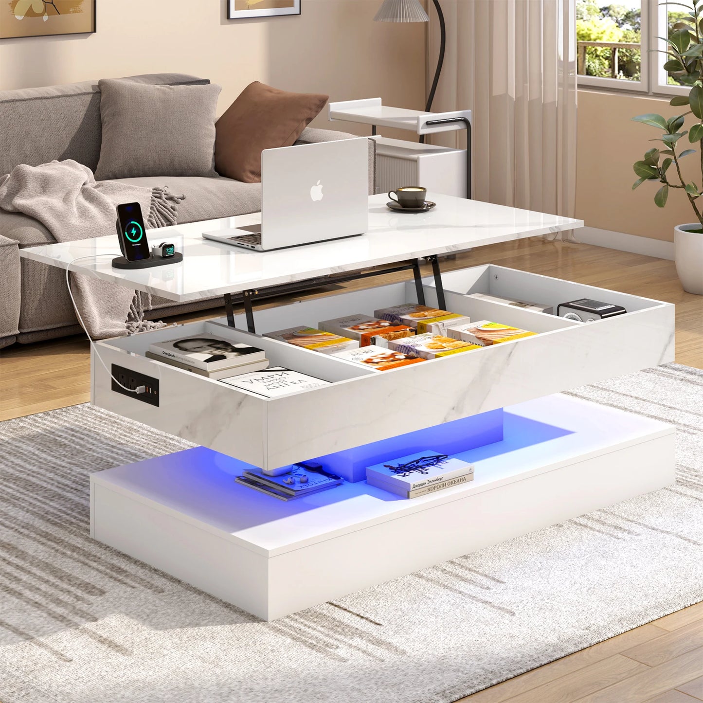 QiaoShiRen High Gloss LED Coffee Table With Open Display Shelf