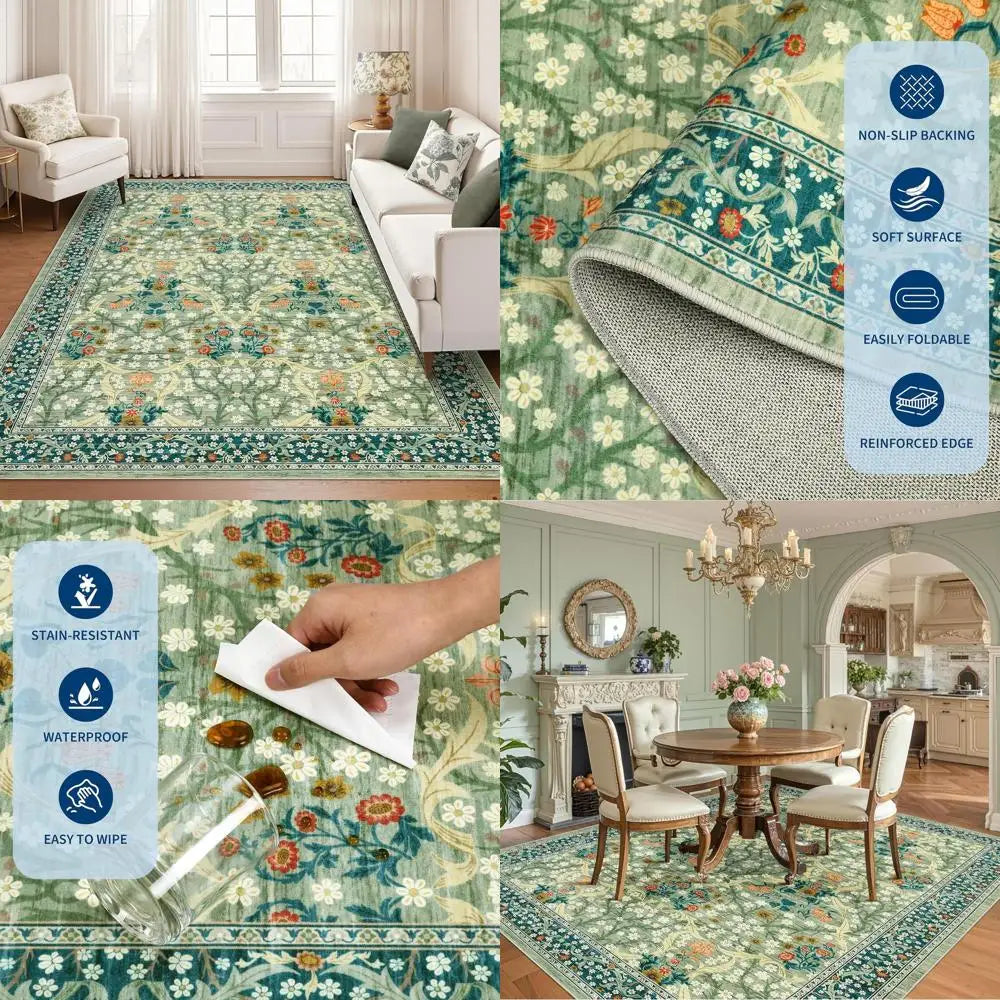 Washable Non Slip Stain Resistant Area Rug With Floral Design