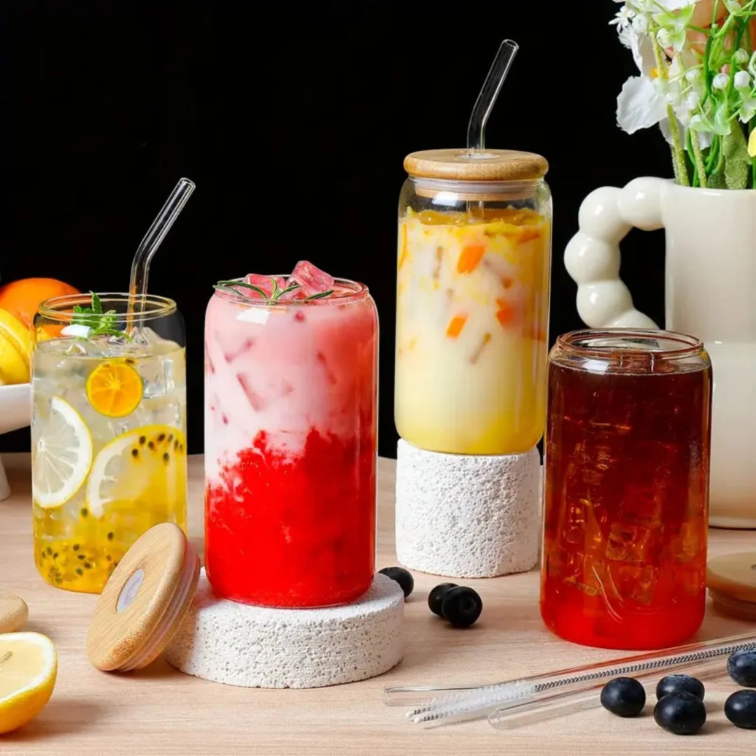 NONEDrinkware 6pc Glass Cups With Bamboo Lids And Glass Straws