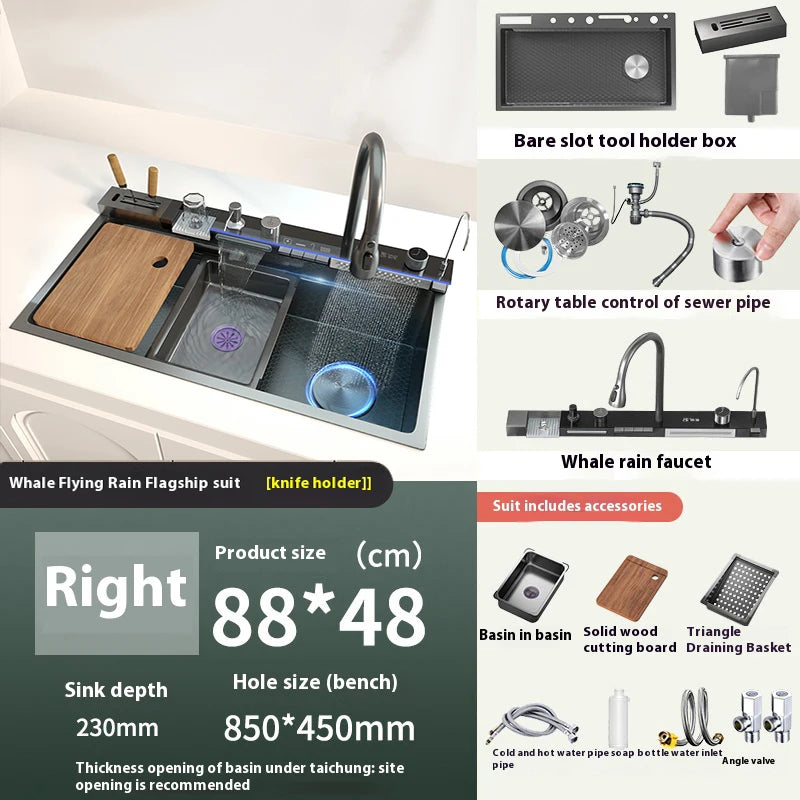 Telisiya Waterfall Stainless Steel Kitchen Sink Four Hole Above Counter