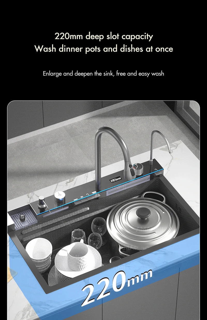 Stainless Steel Waterfall Kitchen Faucet Set With Digital Display