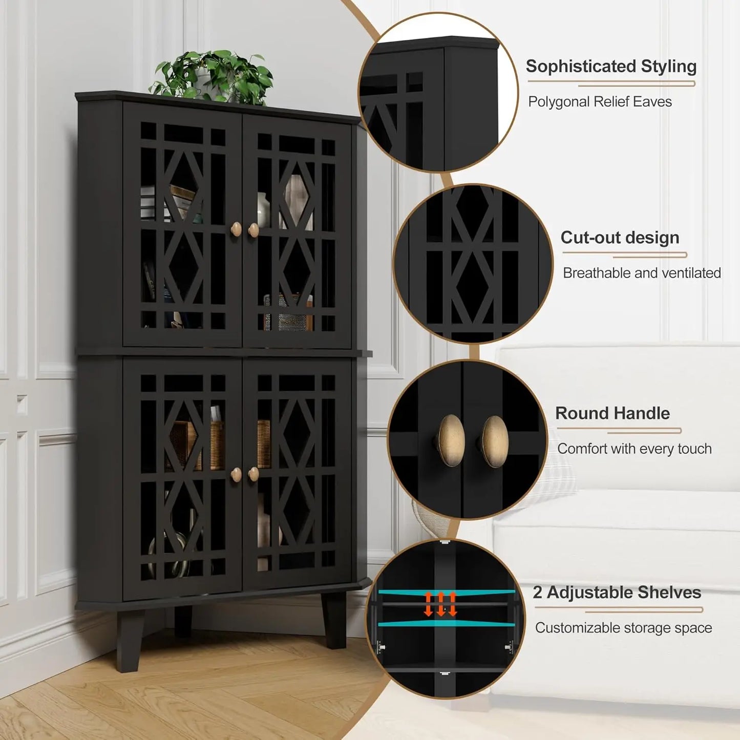 Tall Corner Shelf Cabinet with 4 Doors & 4-Tier Adjustable Shelves, Free-Standing Storage Organizer for Living Room, Bathroom
