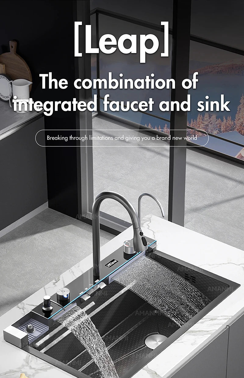 MYQualife 304 Stainless Steel Waterfall Kitchen Sink Faucet Soap Dispenser