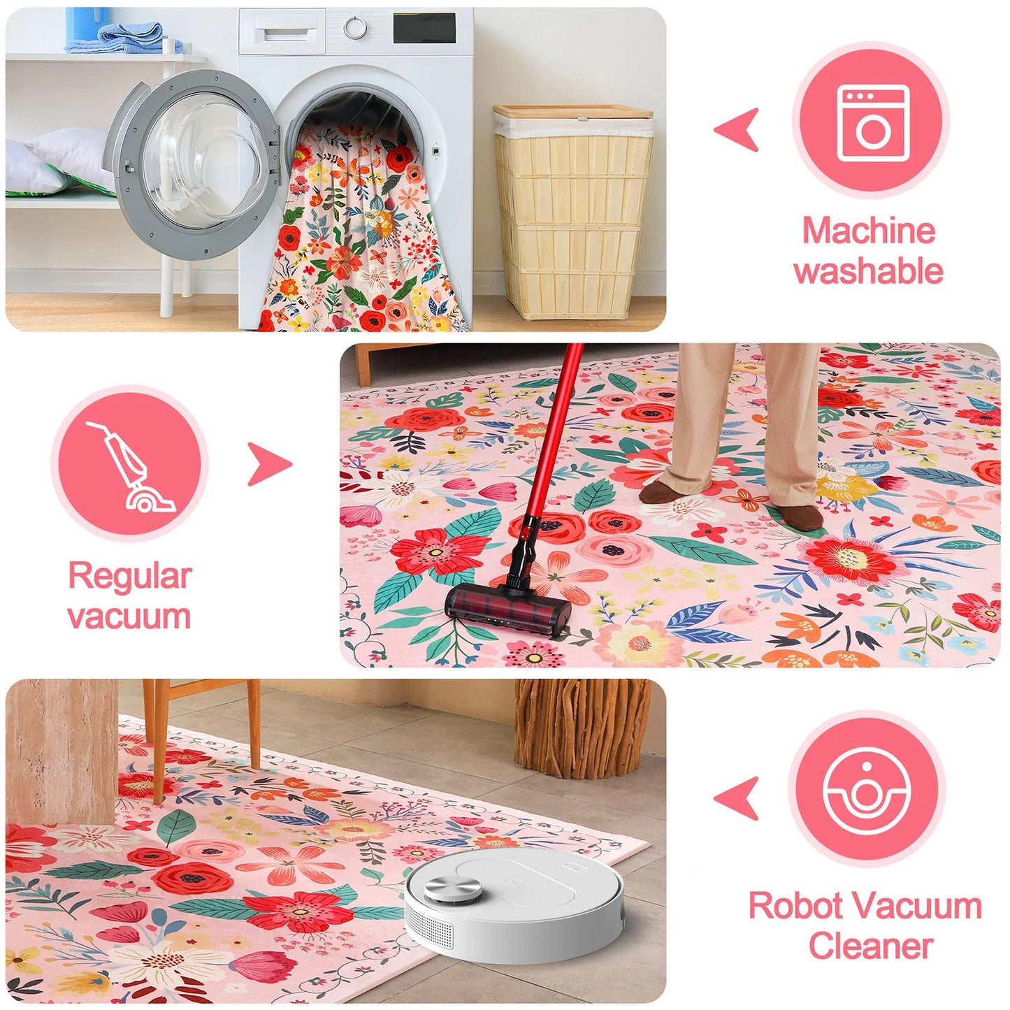 Super Boho Floral Rug Washable Non Slip Low Pile Carpet