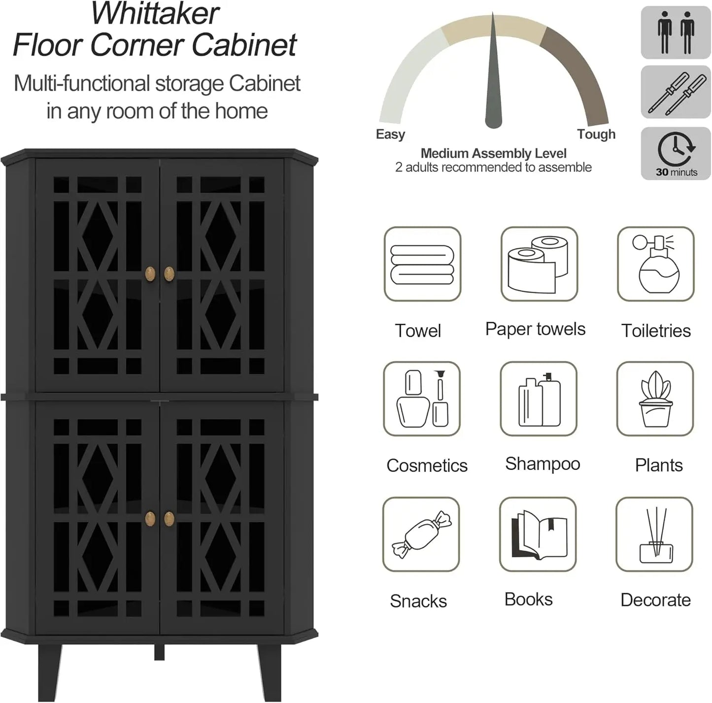 Tall Corner Shelf Cabinet with 4 Doors & 4-Tier Adjustable Shelves, Free-Standing Storage Organizer for Living Room, Bathroom