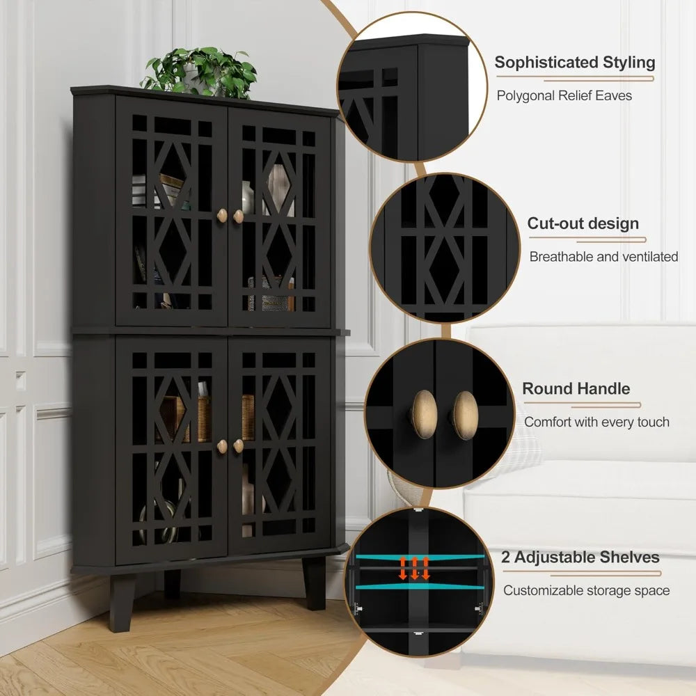 Tall Corner Shelf Cabinet with 4 Doors & 4-Tier Adjustable Shelves, Free-Standing Storage Organizer for Living Room, Bathroom