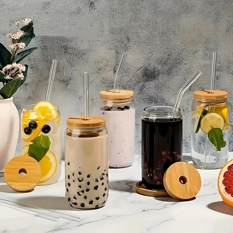 NONEDrinkware 6pc Glass Cups With Bamboo Lids And Glass Straws