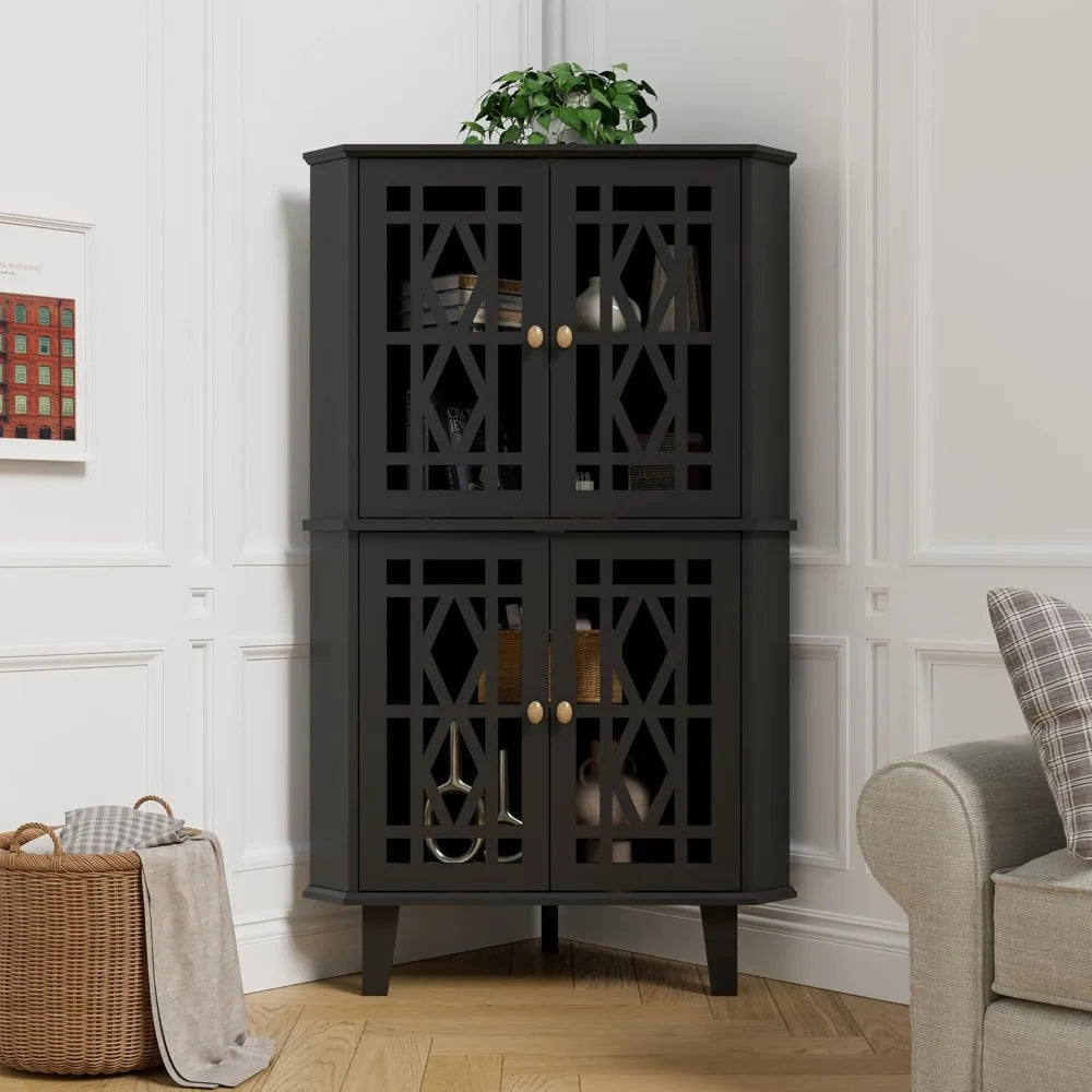 Tall Corner Shelf Cabinet with 4 Doors & 4-Tier Adjustable Shelves, Free-Standing Storage Organizer for Living Room, Bathroom