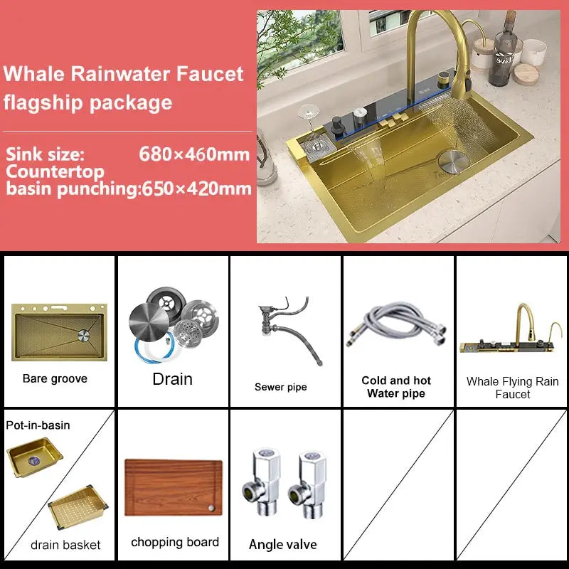 Telisiya Waterfall Stainless Steel Kitchen Sink Four Hole Above Counter