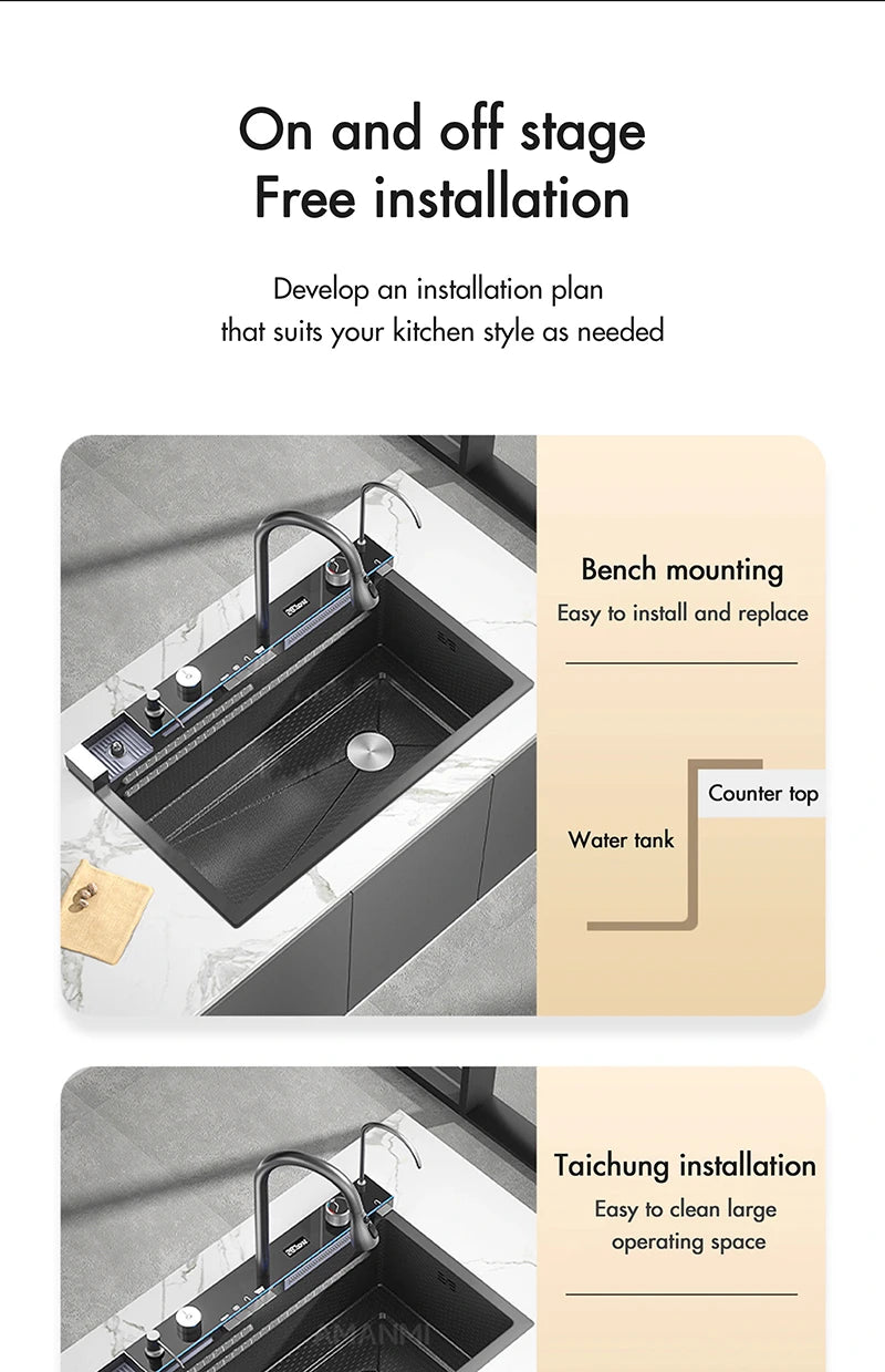 MYQualife 304 Stainless Steel Waterfall Kitchen Sink Faucet Soap Dispenser