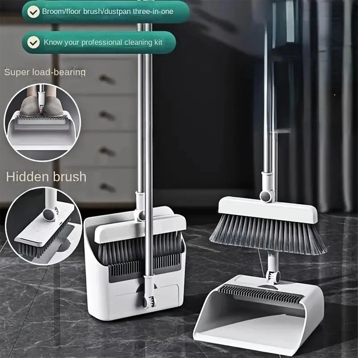 3 In 1 Broom And Dustpan Set With ExtraLong Handle
