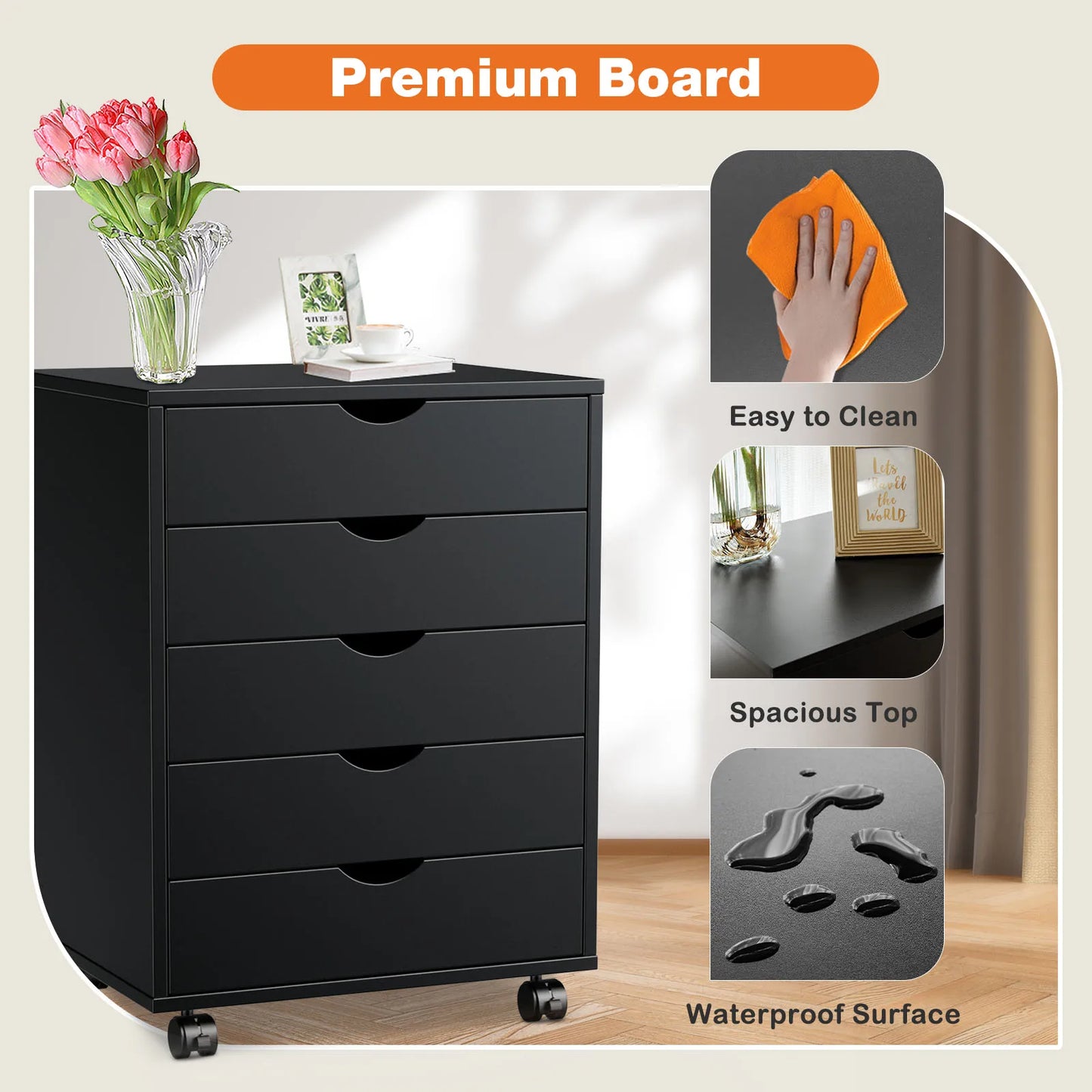 JHK Wood Nightstand 5 Drawer File Organizer With Rolling Wheels