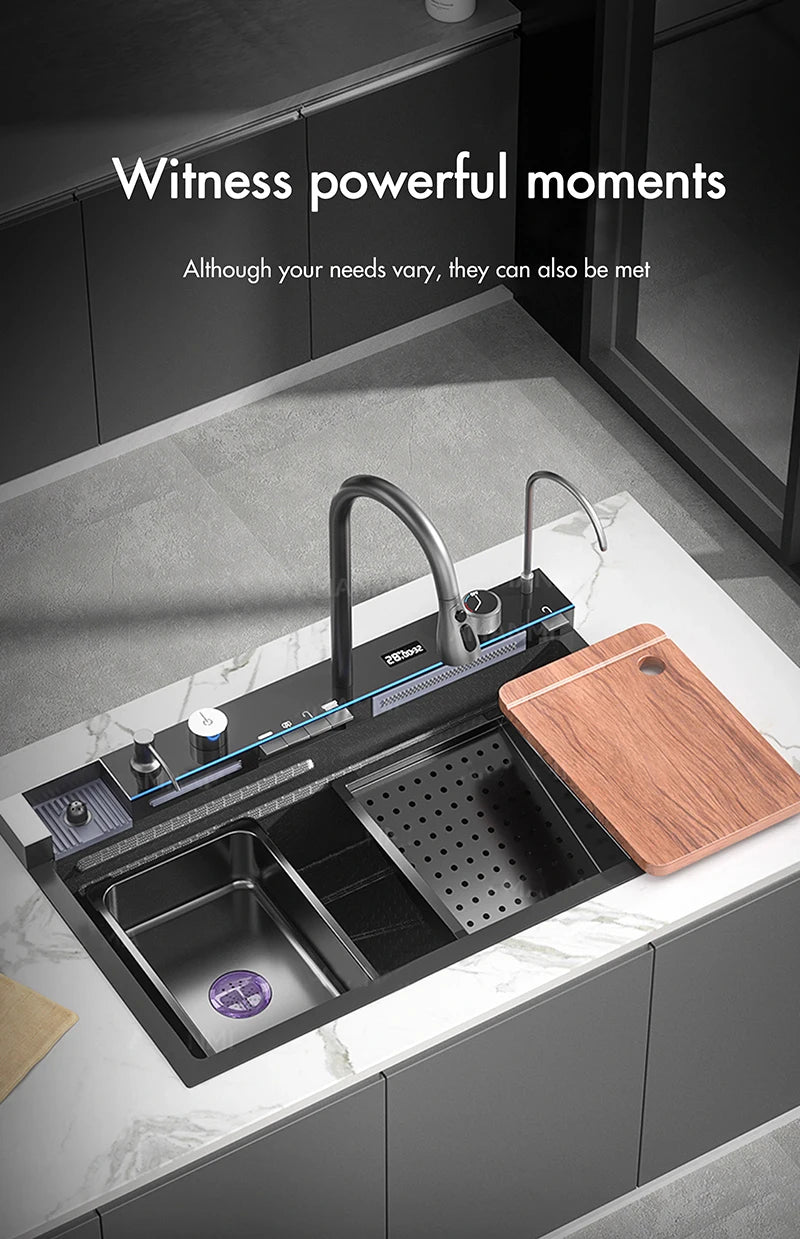 Stainless Steel Waterfall Kitchen Faucet Set With Digital Display