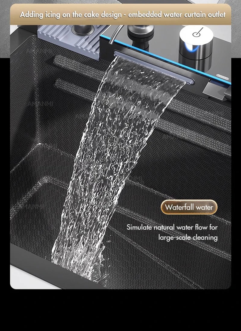 Stainless Steel Waterfall Kitchen Faucet Set With Digital Display