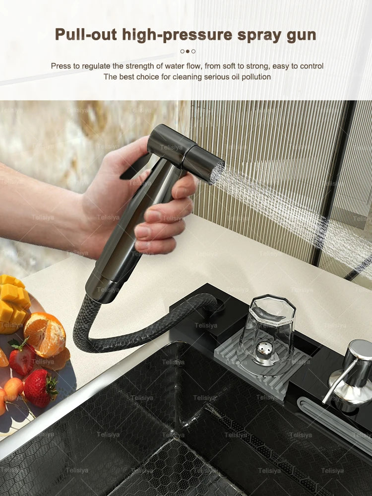 Telisiya Waterfall Stainless Steel Kitchen Sink Four Hole Above Counter