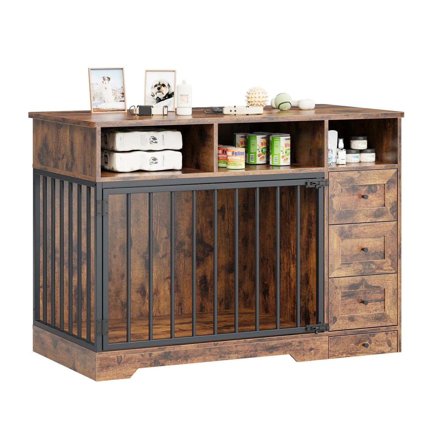HiMISS Farmhouse Wooden Dog Crate Furniture End Table Feeding Station