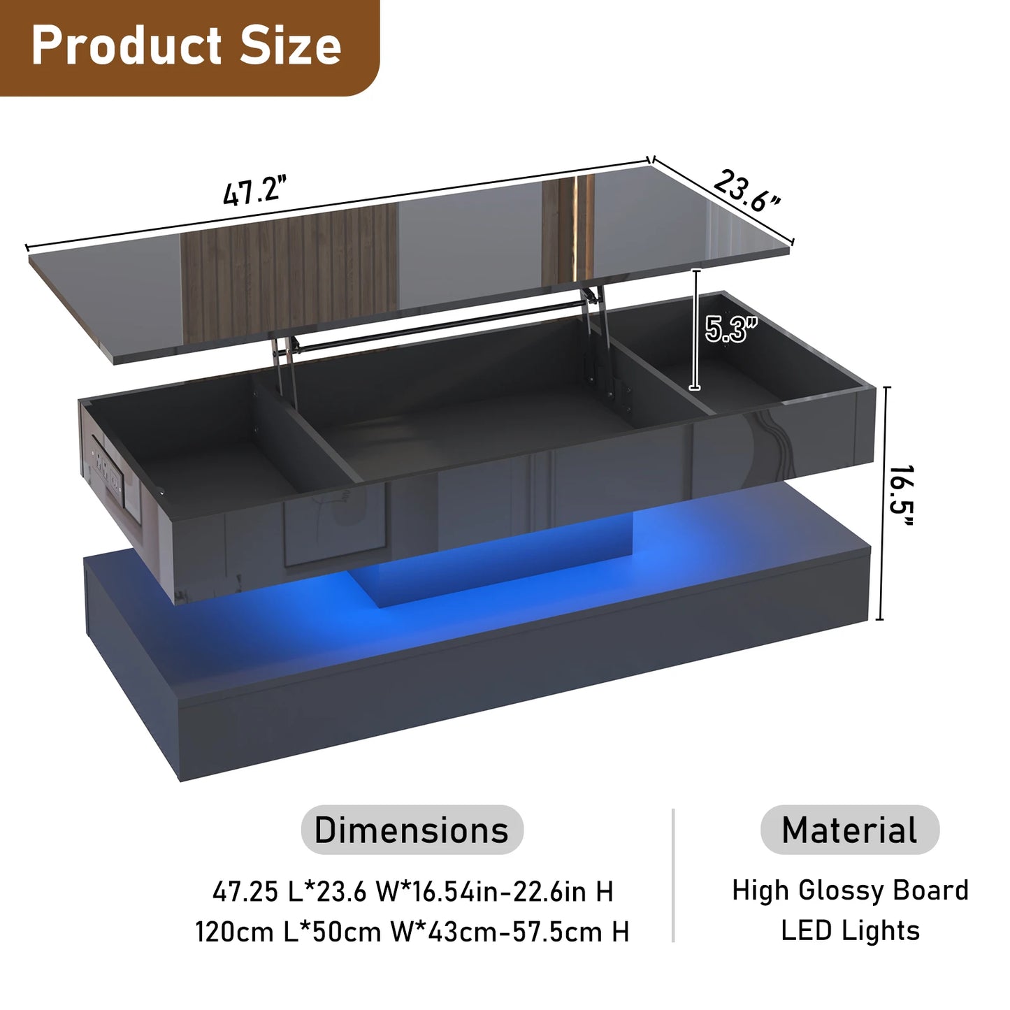 QiaoShiRen High Gloss LED Coffee Table With Open Display Shelf