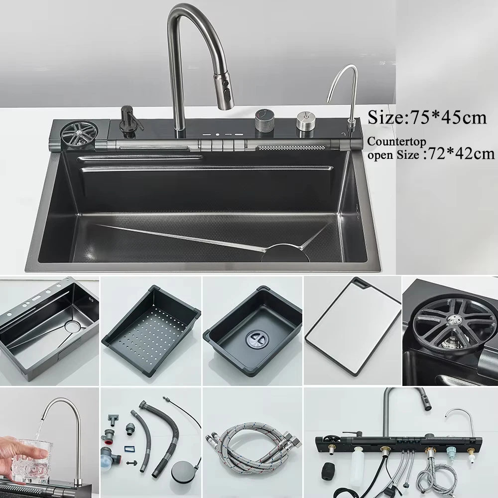 MYQualife 304 Stainless Steel Waterfall Kitchen Sink Faucet Soap Dispenser