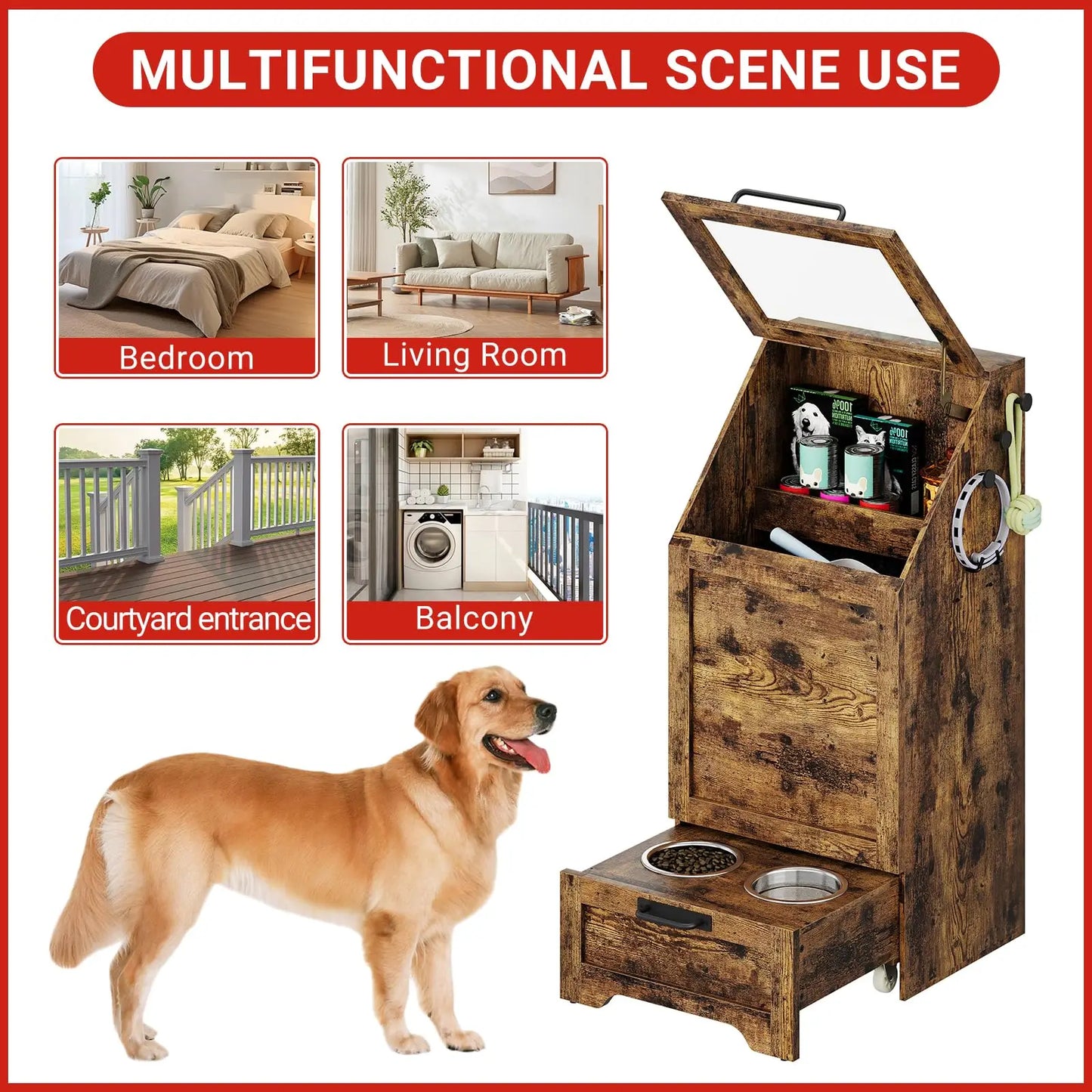 HiMISS Dog Food Storage Cabinet With Flip Top Feeding Station And Leash Hooks