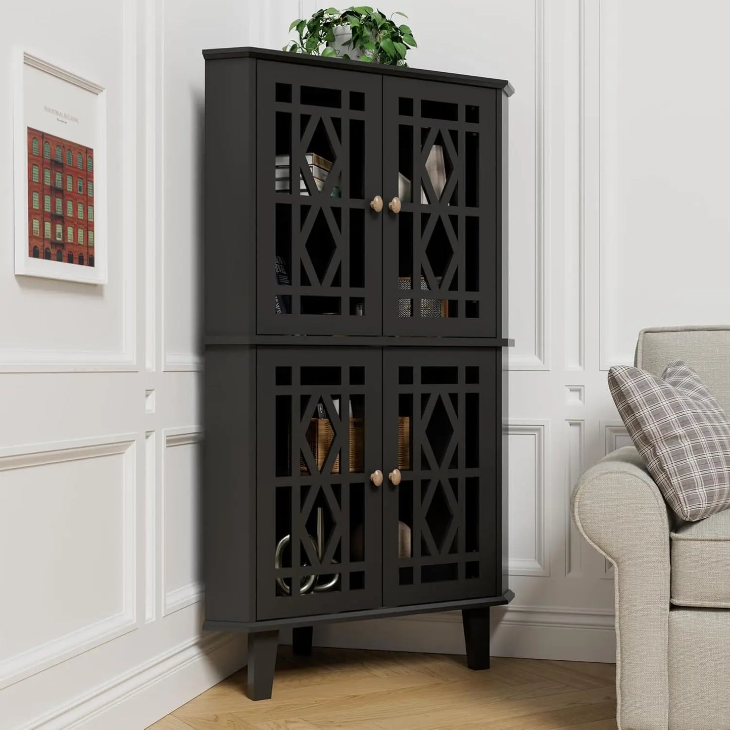 Tall Corner Shelf Cabinet with 4 Doors & 4-Tier Adjustable Shelves, Free-Standing Storage Organizer for Living Room, Bathroom