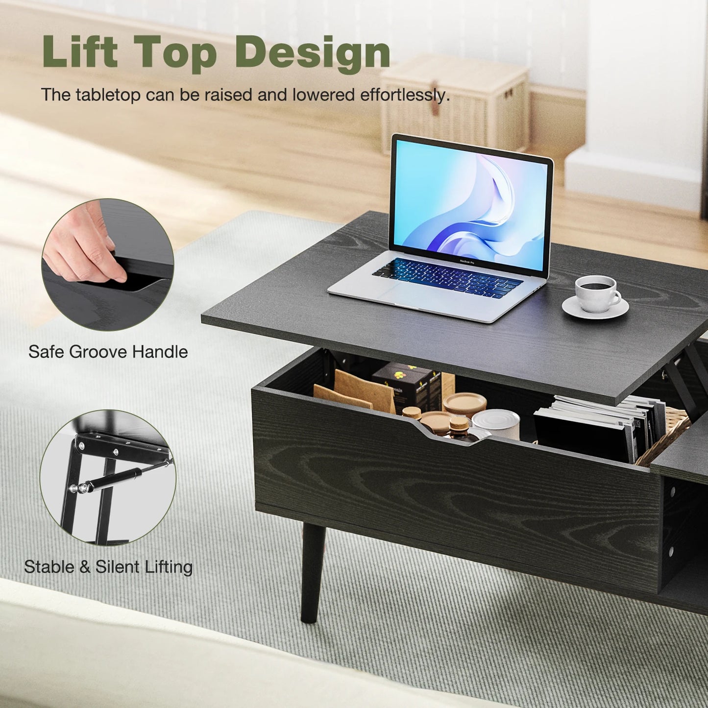 JHK Lift Top Coffee Table With Adjustable Storage Living Room