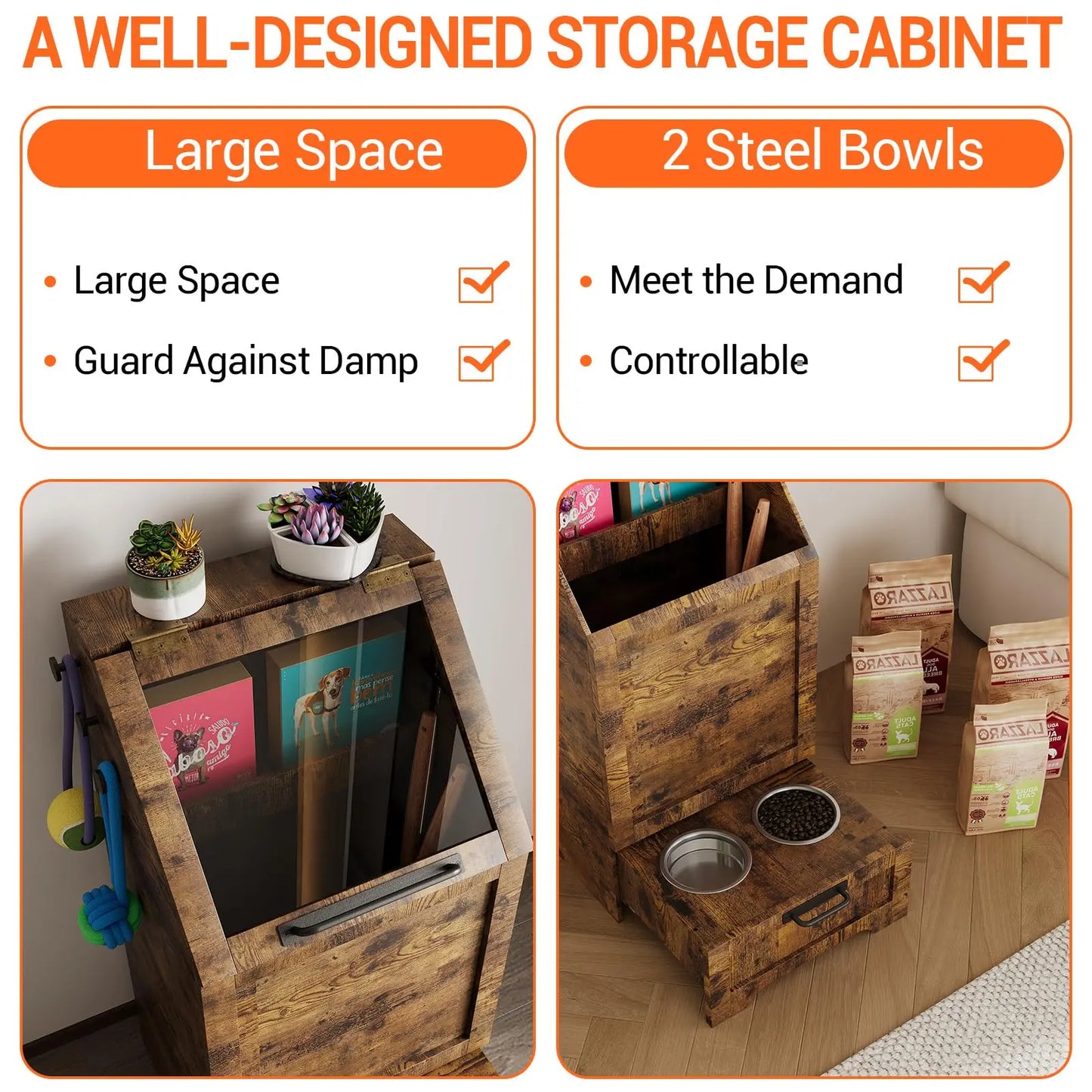 HiMISS Dog Food Storage Cabinet With Flip Top Feeding Station And Leash Hooks