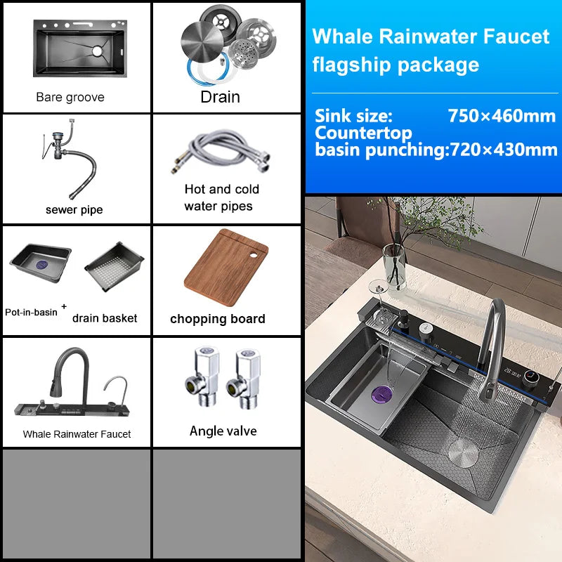 Telisiya Waterfall Stainless Steel Kitchen Sink Four Hole Above Counter