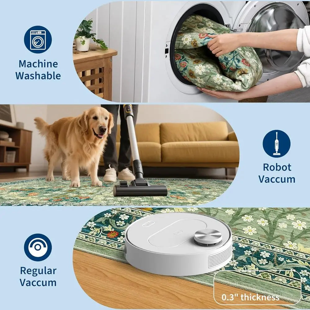 Washable Non Slip Stain Resistant Area Rug With Floral Design