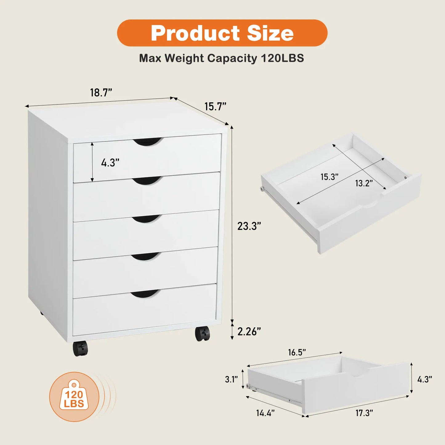 JHK Wood Nightstand 5 Drawer File Organizer With Rolling Wheels