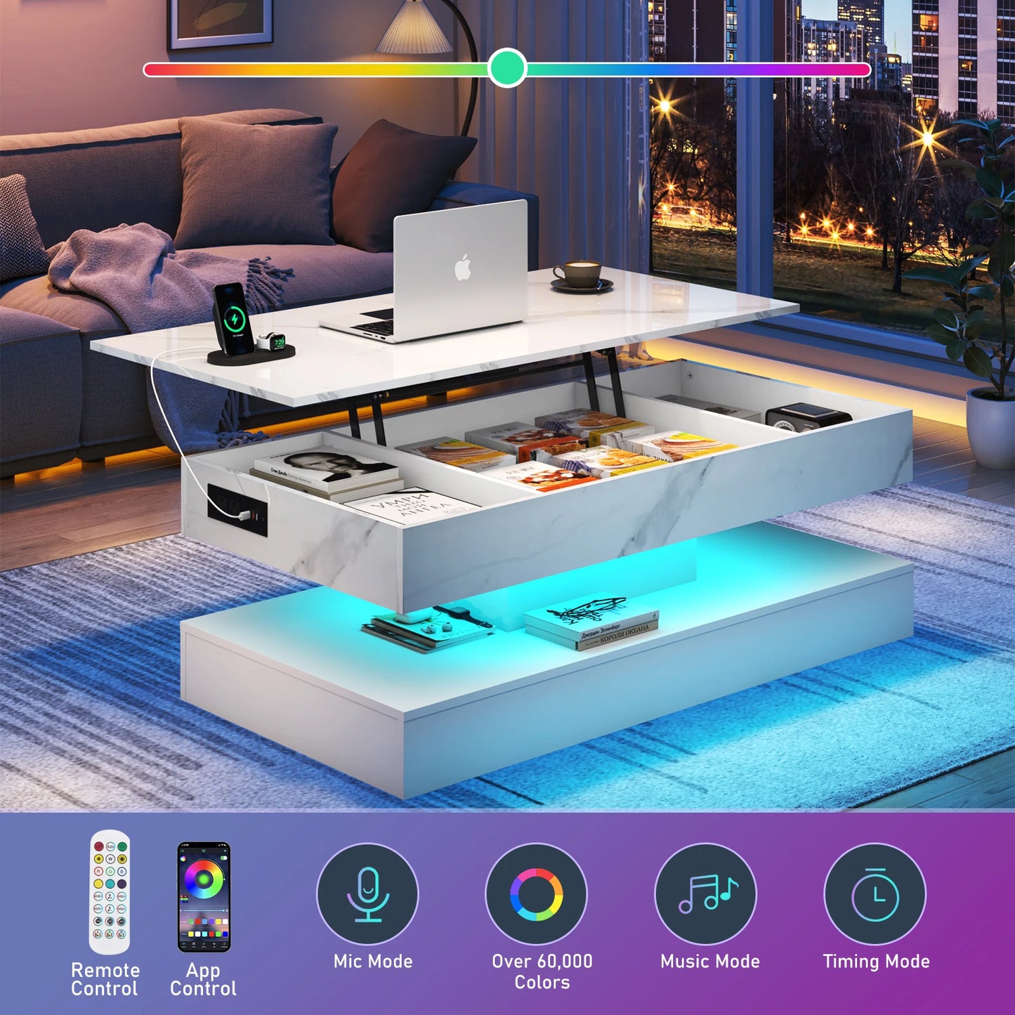 QiaoShiRen High Gloss LED Coffee Table With Open Display Shelf