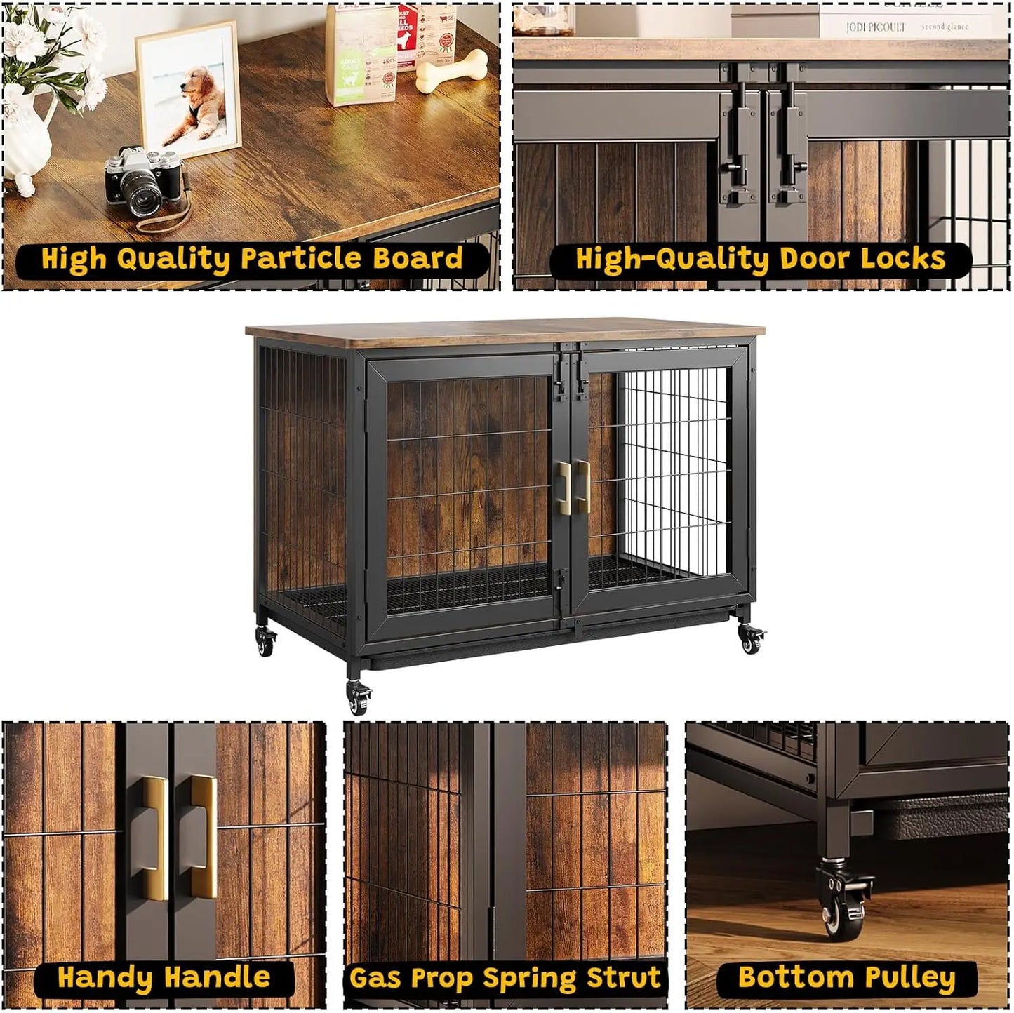 HiMISS Heavy Duty Indoor Dog Kennel With Wheels Carbon Steel Frame