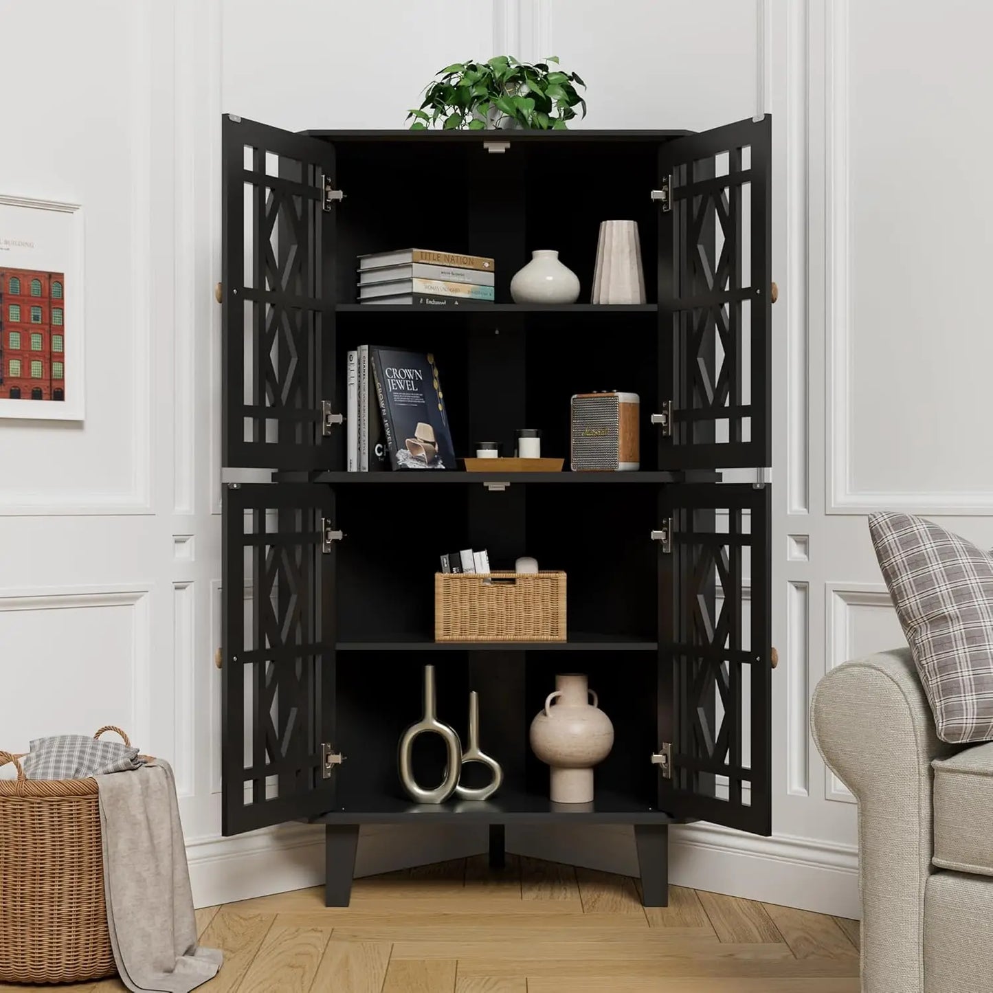 Tall Corner Shelf Cabinet with 4 Doors & 4-Tier Adjustable Shelves, Free-Standing Storage Organizer for Living Room, Bathroom