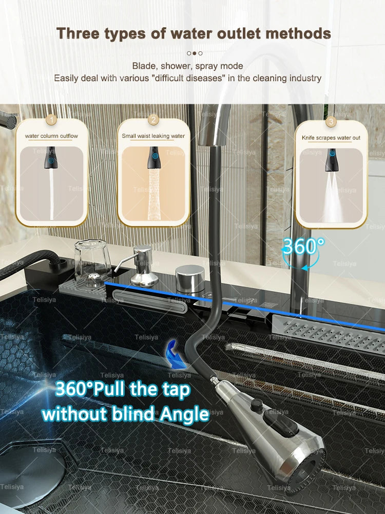 Telisiya Waterfall Stainless Steel Kitchen Sink Four Hole Above Counter