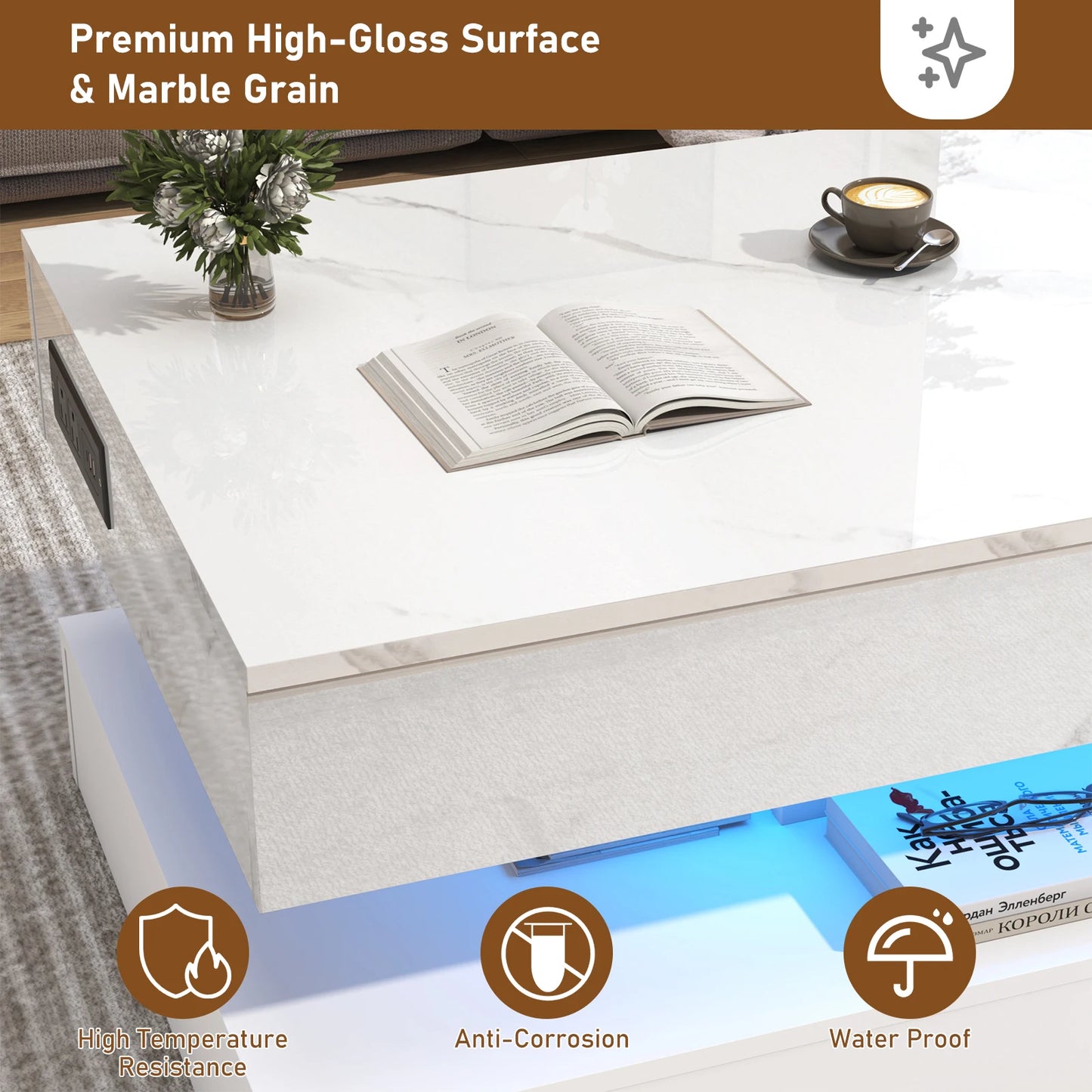 QiaoShiRen High Gloss LED Coffee Table With Open Display Shelf