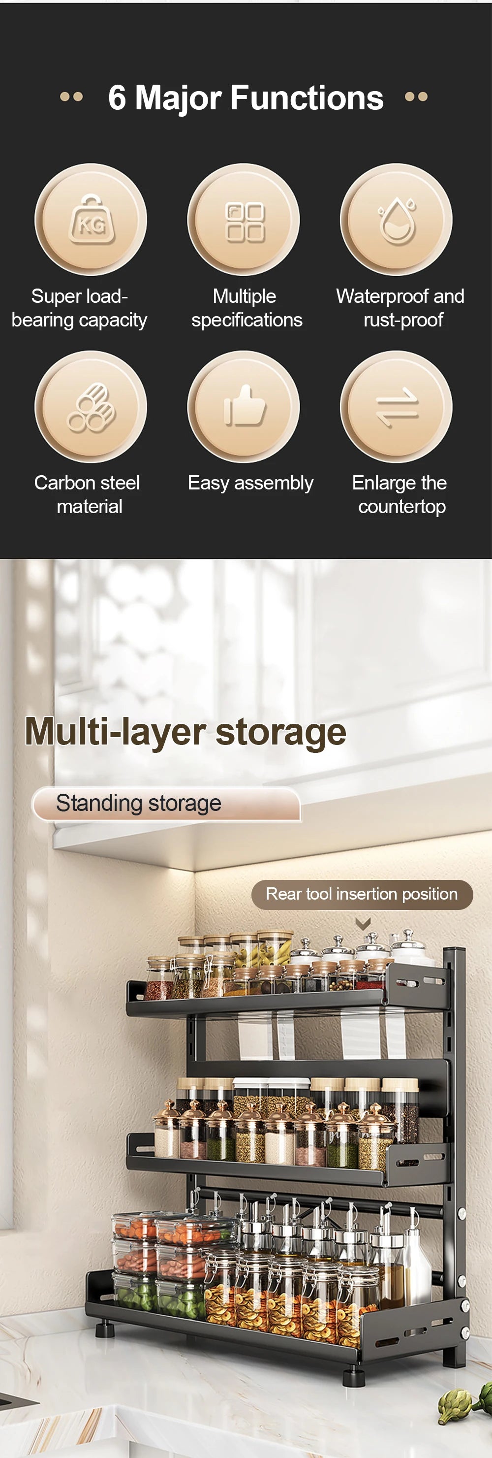 3 Tier Spice Storage Rack Adjustable Countertop Organizer