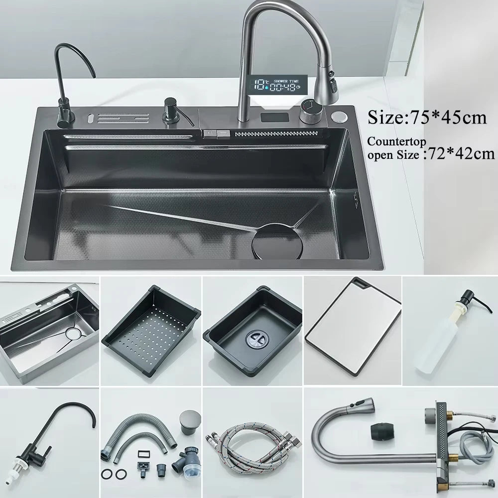 Stainless Steel Waterfall Kitchen Faucet Set With Digital Display