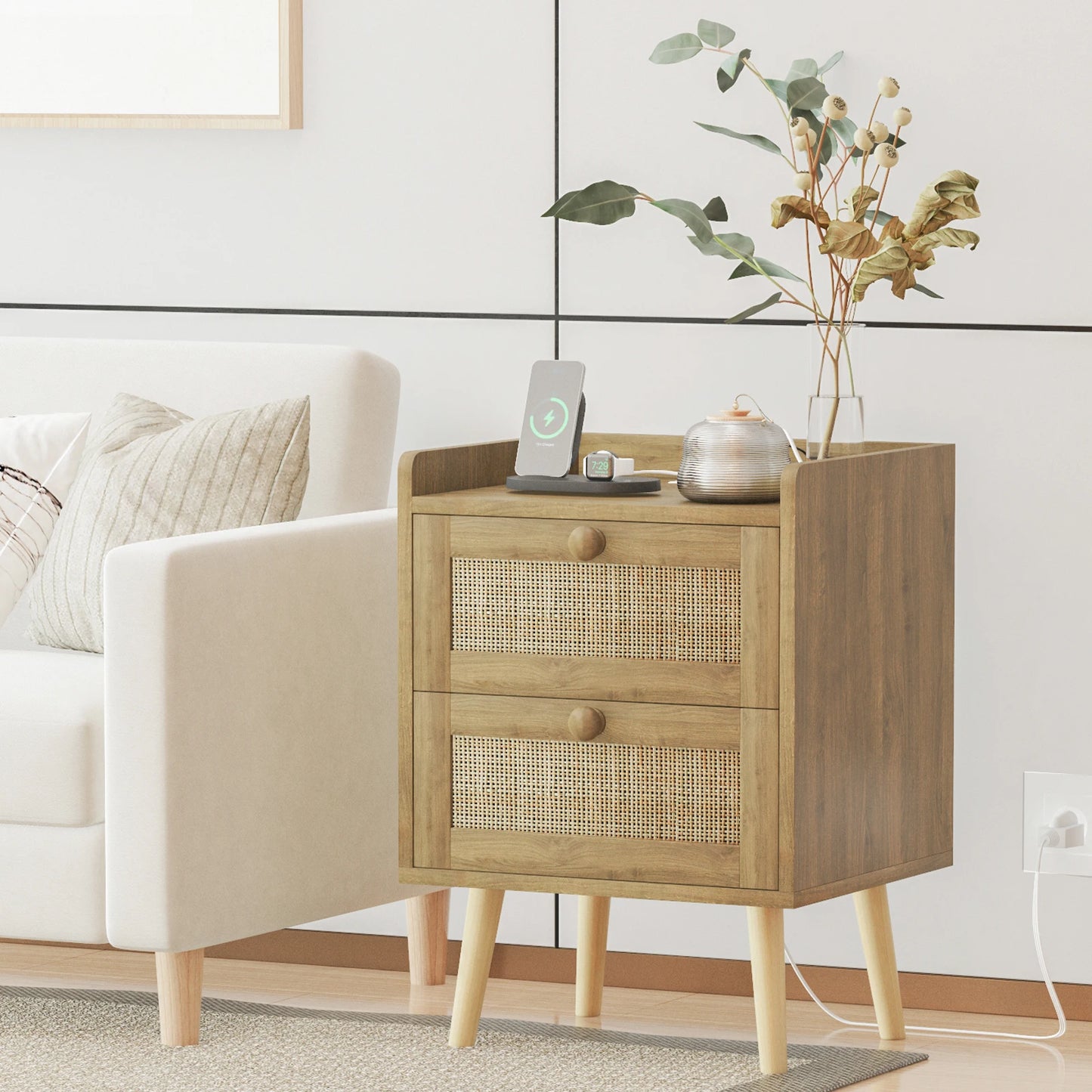 Rattan Nightstand With Charging Station And Two Drawers
