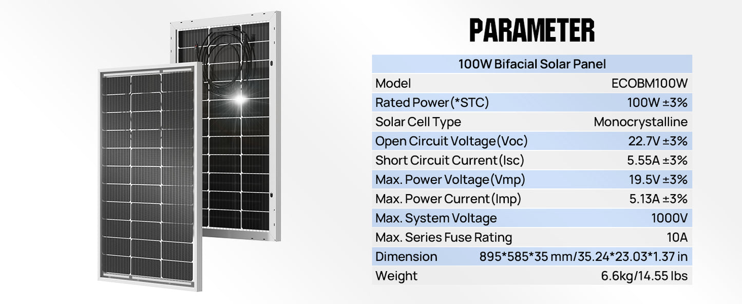 ECO-WORTHY Bifacial 100W 12V Solar Panel For RVs SunSheds